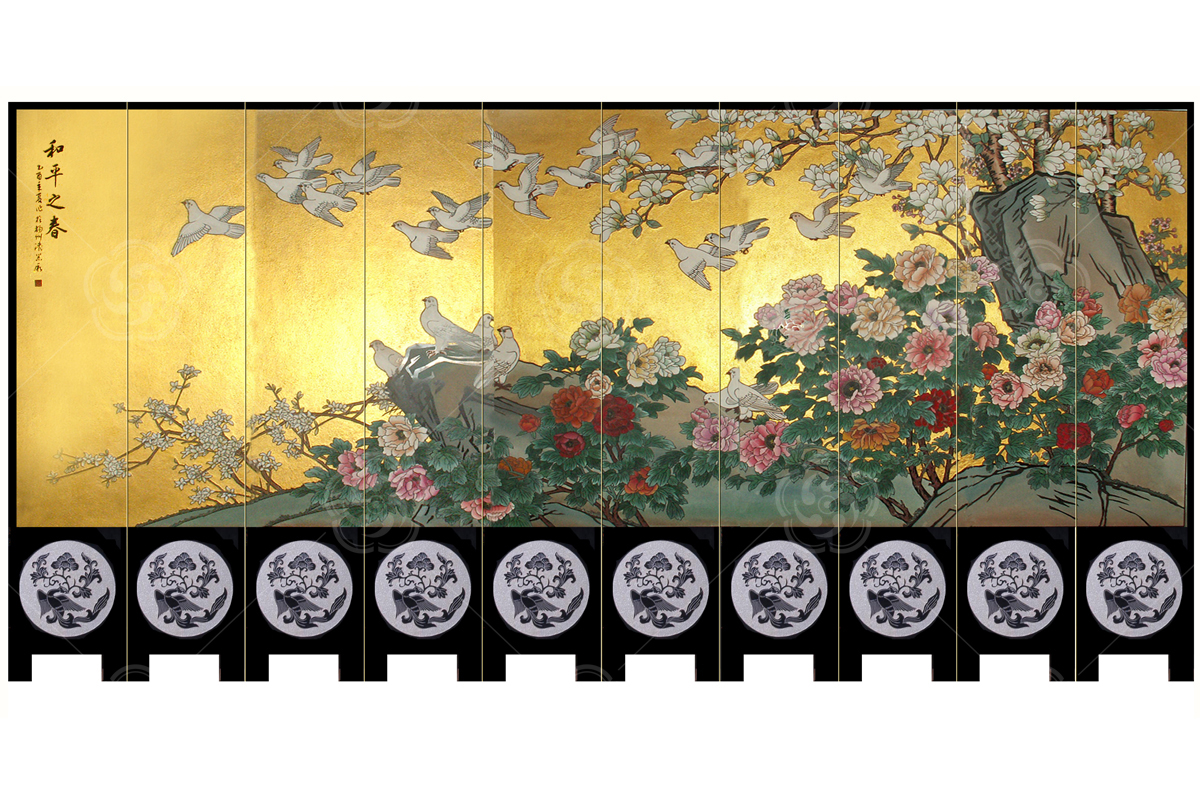 刻漆壁畫真金《和平之春》屏風(fēng)